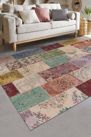 Afra Patchwork Desenli Şönil Pamuk Tabanlı Yıkanabilen Kaydırmaz Antibakteriyel Salon Halısı - Aydahome