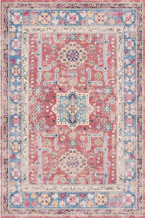 Blue Rosso Vintage Desenli Pamuk Tabanlı Yıkanabilen Kaydırmaz Antibakteriyel Şönil Salon Halısı - Aydahome