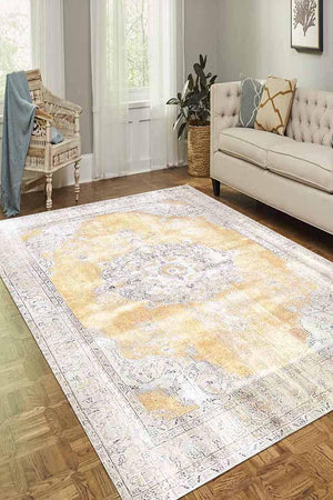 Giallastro Çiçek Desenli Pamuk Tabanlı Yıkanabilen Kaydırmaz Antibakteriyel Şönil Salon Halısı - Aydahome