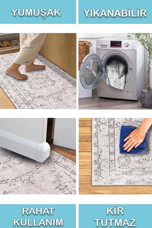 Milkyelegance Vintage Desenli Pamuk Tabanlı Yıkanabilen Kaydırmaz Antibakteriyel Şönil Salon Halısı - Aydahome