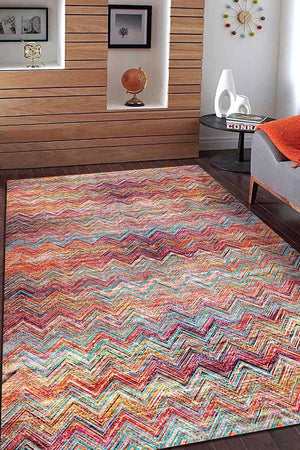 Missoni Kilim Desenli Pamuk Tabanlı Yıkanabilen Kaydırmaz Antibakteriyel Şönil Salon Halısı - Aydahome