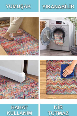 Missoni Kilim Desenli Pamuk Tabanlı Yıkanabilen Kaydırmaz Antibakteriyel Şönil Salon Halısı - Aydahome