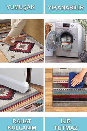 Misty Kilim Desenli Pamuk Tabanlı Yıkanabilen Kaydırmaz Antibakteriyel Şönil Salon Halısı - Aydahome