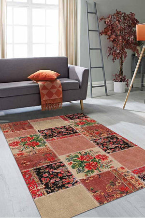 Zelda Patchwork Desenli Pamuk Tabanlı Yıkanabilen Kaydırmaz Antibakteriyel Şönil Salon Halısı - Aydahome