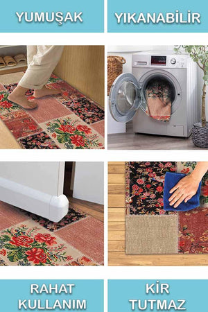 Zelda Patchwork Desenli Pamuk Tabanlı Yıkanabilen Kaydırmaz Antibakteriyel Şönil Salon Halısı - Aydahome