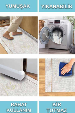 Marble Modern Şönil Pamuk Tabanlı Yıkanabilen Kaydırmaz Antibakteriyel Mutfak Halısı - Aydahome