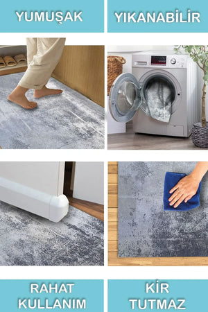 Evelin Modern Desenli Pamuk Tabanlı Yıkanabilen Kaymaz Antibakteriyel Şönil Salon Halısı - Aydahome