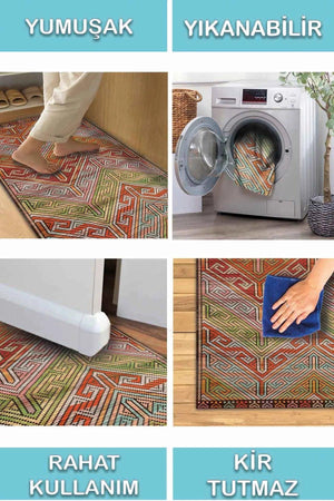 Gale Kilim Desenli Pamuk Tabanlı Yıkanabilen Kaymaz Antibakteriyel Şönil Salon Halısı - Aydahome