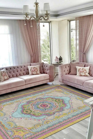 Jefes Vintage Desenli Pamuk Tabanlı Yıkanabilen Kaymaz Antibakteriyel Şönil Salon Halısı - Aydahome