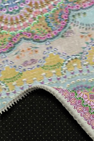 Jefes Vintage Desenli Pamuk Tabanlı Yıkanabilen Kaymaz Antibakteriyel Şönil Salon Halısı - Aydahome