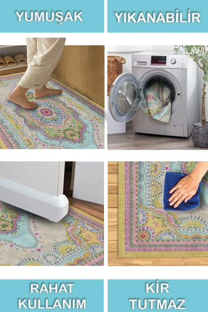 Jefes Vintage Desenli Pamuk Tabanlı Yıkanabilen Kaymaz Antibakteriyel Şönil Salon Halısı - Aydahome