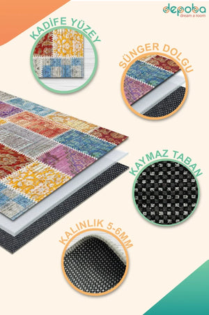 Kepa Patchwork Kadife Yıkanabilir Kaymaz Pamuk Tabanlı Antibakteriyel Salon Halısı - Aydahome