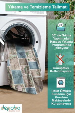 Merkür Patchwork Kadife Yıkanabilir Kaymaz Pamuk Tabanlı Antibakteriyel Salon Halısı - Aydahome