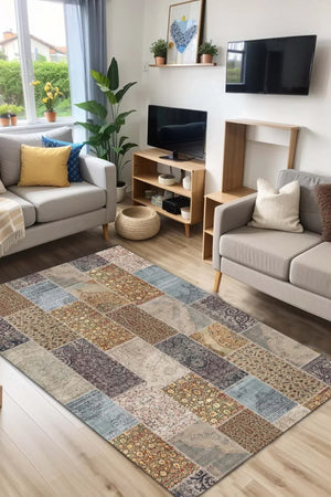 Mordo Patchwork Kadife Yıkanabilir Kaymaz Pamuk Tabanlı Antibakteriyel Salon Halısı - Aydahome