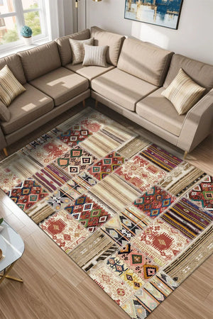Uranüs Patchwork Kadife Yıkanabilir Kaymaz Pamuk Tabanlı Antibakteriyel Salon Halısı - Aydahome