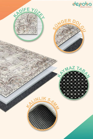 Laven Vintage Kadife Yıkanabilir Kaymaz Pamuk Tabanlı Antibakteriyel Salon Halısı - Aydahome
