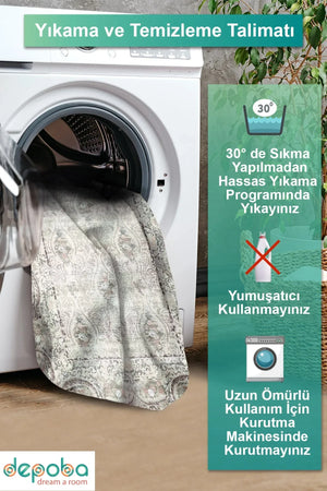 Laven Vintage Kadife Yıkanabilir Kaymaz Pamuk Tabanlı Antibakteriyel Salon Halısı - Aydahome