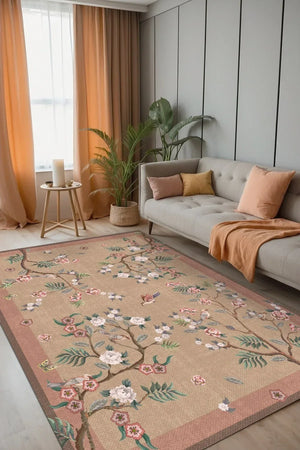 Sumsey Floral Desenli Pamuk Tabanlı Yıkanabilen Kaydırmaz Antibakteriyel Şönil Salon Halısı - Aydahome