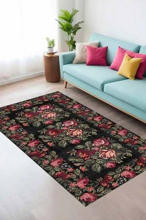 Camila Karabağ Kadife Çiçek Desenli Pamuk Taban Kaymaz Yıkanabilen Antibakteriyel Yolluk - Aydahome