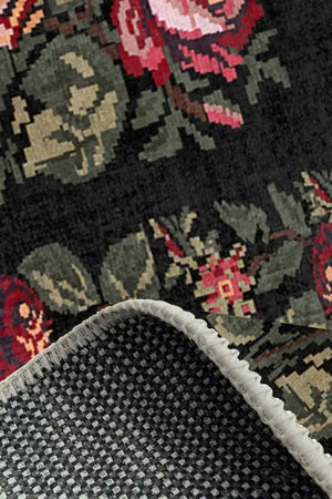 Camila Karabağ Kadife Çiçek Desenli Pamuk Taban Kaymaz Yıkanabilen Antibakteriyel Yolluk - Aydahome