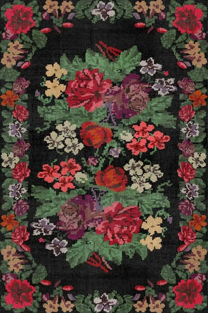 Monsa Karabağ Kadife Çiçek Desenli Pamuk Taban Kaymaz Yıkanabilen Antibakteriyel Yolluk - Aydahome