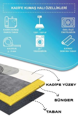 Sare Modern Kadife Desenli Pamuk Tabanlı Yıkanabilen Kaydırmaz Antibakteriyel Salon Halısı - Aydahome