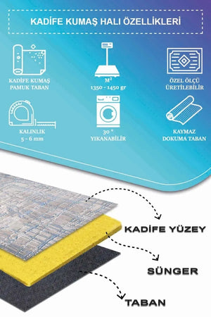 Huner Modern Kadife Eko Desenli Pamuk Tabanlı Yıkanabilen Kaydırmaz Antibakteriyel Salon Halısı - Aydahome