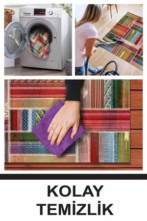 Bitsy Patchwork Kadife Pamuk Tabanlı Yıkanabilen Kaymaz Antibakteriyel Yuvarlak Salon Halısı Mutfak - Aydahome