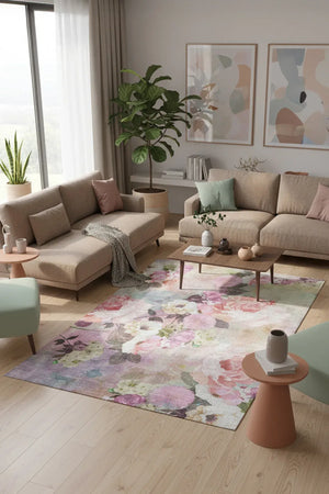 Amoria Çiçek Desenli Pamuk Tabanlı Yıkanabilen Kaydırmaz Antibakteriyel Şönil Salon Halısı - Aydahome