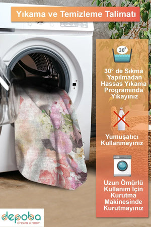 Amoria Çiçek Desenli Pamuk Tabanlı Yıkanabilen Kaydırmaz Antibakteriyel Şönil Salon Halısı - Aydahome