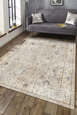 Monty Vintage Desenli Pamuk Tabanlı Yıkanabilen Kaydırmaz Antibakteriyel Şönil Salon Halısı - Aydahome