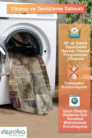 Flona Patchwork Şönil Doğal Pamuk Tabanlı Kaymaz Antibakteriyel Yıkanabilir Çevre Dostu Salon Halısı - Aydahome