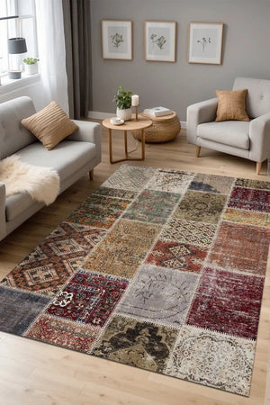 Flona Patchwork Şönil Doğal Pamuk Tabanlı Kaymaz Antibakteriyel Yıkanabilir Çevre Dostu Salon Halısı - Aydahome