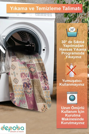 Elara Patchwork Şönil Doğal Pamuk Tabanlı Kaymaz Antibakteriyel Yıkanabilir Salon Halısı - Aydahome