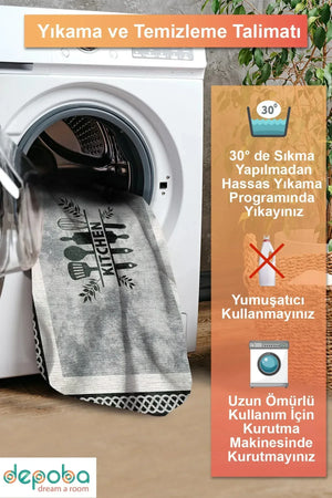 Ravona Modern Şönil Modern Yıkanabilir Kaymaz Pamuk Tabanlı Antibakteriyel Mutfak Halısı - Aydahome