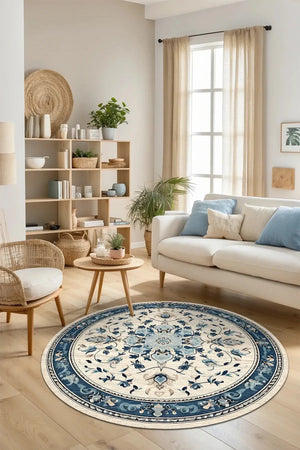 Rovam Vintage Şönil Doğal Pamuk Tabanlı Kaymaz Antibakteriyel Yıkanabilir Yuvarlak Salon Halısı - Aydahome