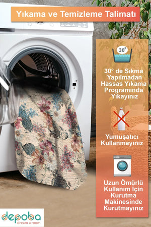 Elens Spring Bloom Çiçek Desenli Pamuk Tabanlı Yıkanabilen Kaydırmaz Antibakteriyel Şönil Salon Halısı - Aydahome