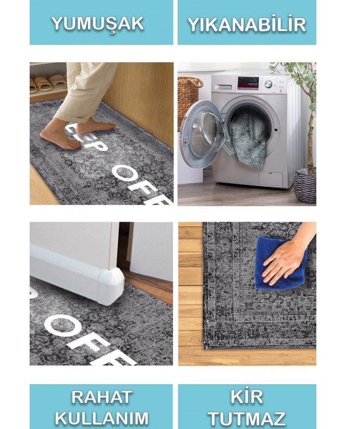 Medaglioane Gri Keep Off Pamuk Tabanlı Yıkanabilen Kaydırmaz Antibakteriyel Şönil Ofis Halısı