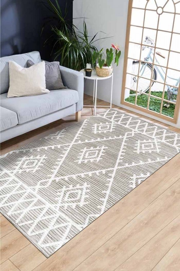 Abre Desenli Pamuk Tabanlı Yıkanabilen Kaydırmaz Antibakteriyel Şönil Salon Halısı