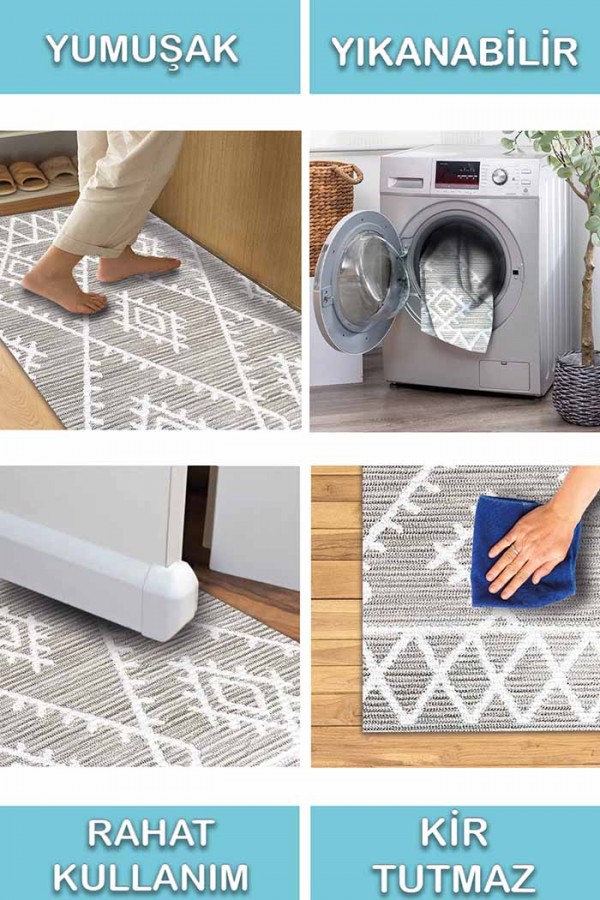 Abre Desenli Pamuk Tabanlı Yıkanabilen Kaydırmaz Antibakteriyel Şönil Salon Halısı