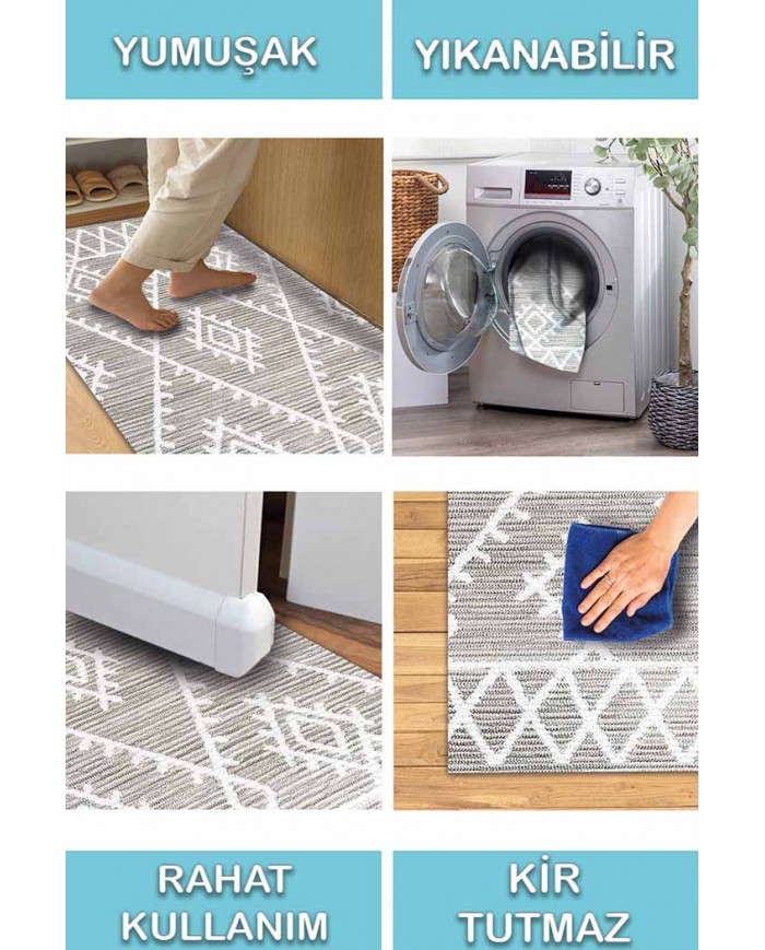 Abre Desenli Pamuk Tabanlı Yıkanabilen Kaydırmaz Antibakteriyel Şönil Salon Halısı