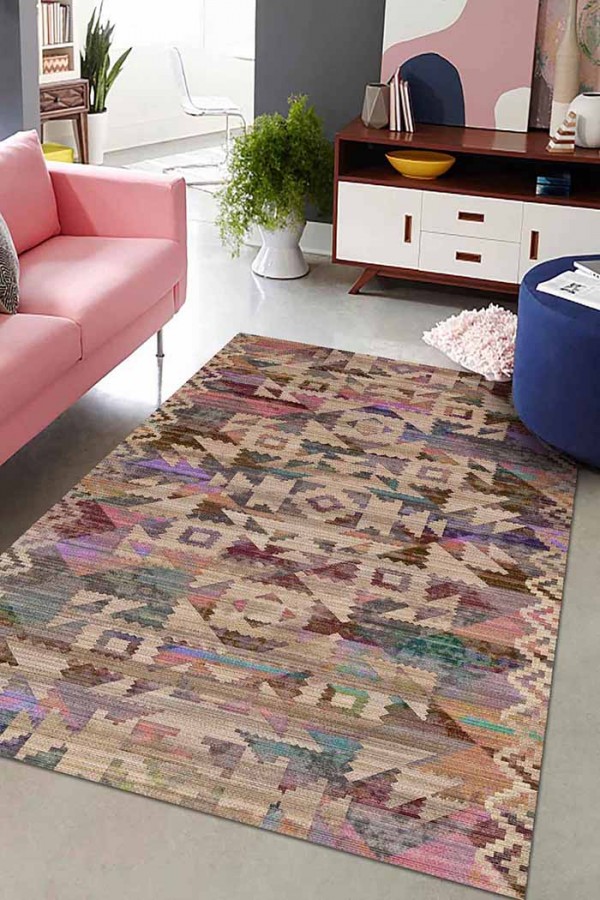 Adelina Desenli Pamuk Tabanlı Yıkanabilen Kaydırmaz Antibakteriyel Şönil Salon Halısı