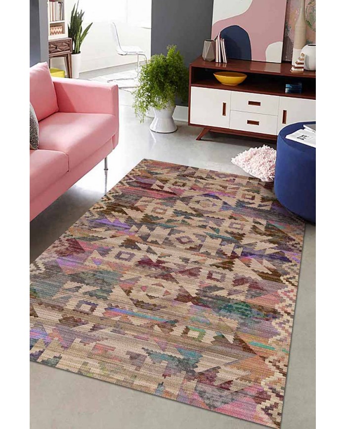 Adelina Desenli Pamuk Tabanlı Yıkanabilen Kaydırmaz Antibakteriyel Şönil Salon Halısı