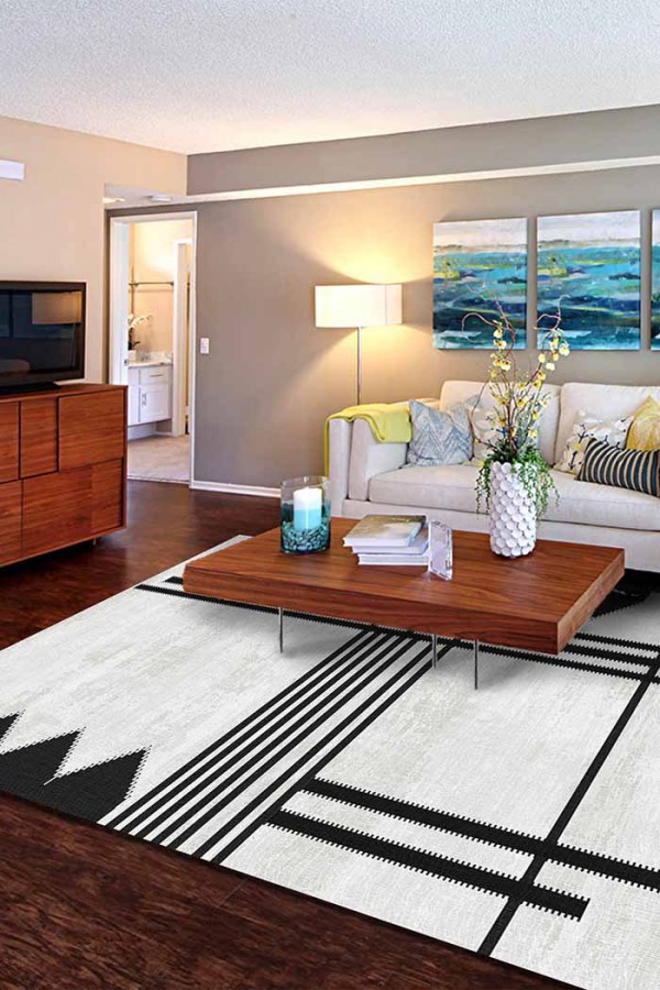 Acker Desenli Pamuk Tabanlı Yıkanabilen Kaydırmaz Antibakteriyel Şönil Salon Halısı