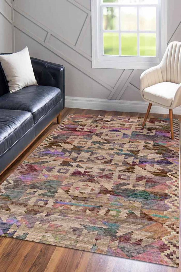 Adelina Desenli Pamuk Tabanlı Yıkanabilen Kaydırmaz Antibakteriyel Şönil Salon Halısı