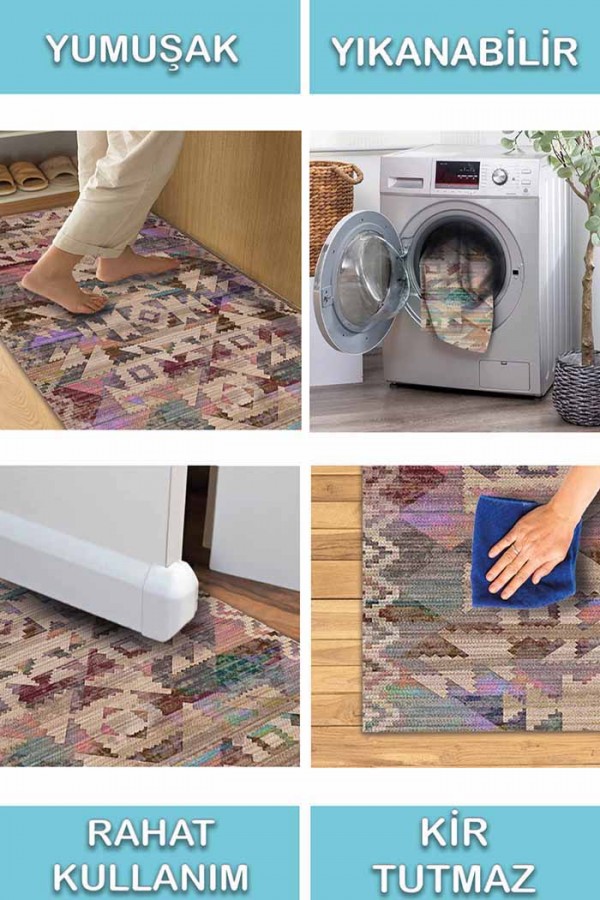 Adelina Desenli Pamuk Tabanlı Yıkanabilen Kaydırmaz Antibakteriyel Şönil Salon Halısı