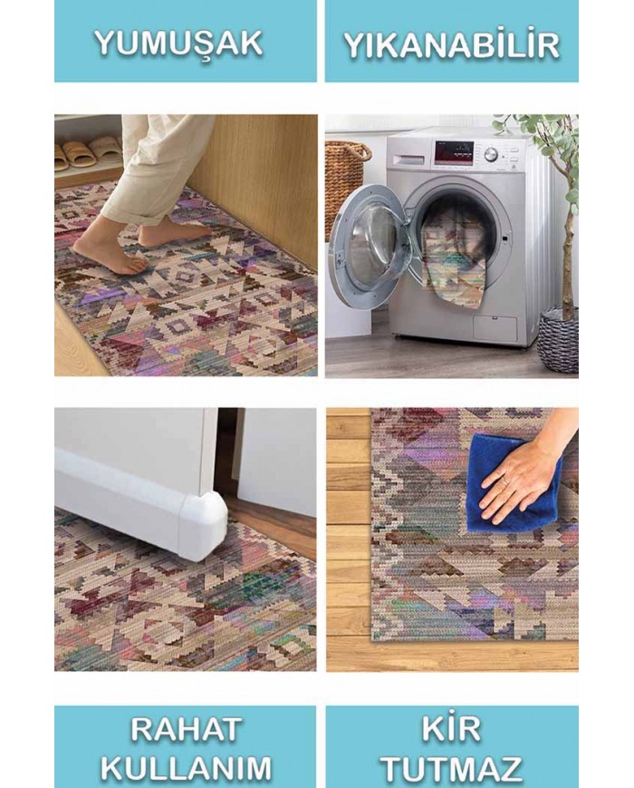 Adelina Desenli Pamuk Tabanlı Yıkanabilen Kaydırmaz Antibakteriyel Şönil Salon Halısı