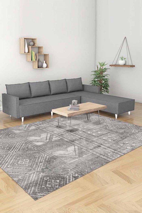 Akabe Desenli Pamuk Tabanlı Yıkanabilen Kaydırmaz Antibakteriyel Şönil Salon Halısı