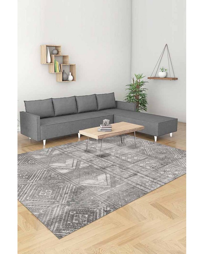 Akabe Desenli Pamuk Tabanlı Yıkanabilen Kaydırmaz Antibakteriyel Şönil Salon Halısı