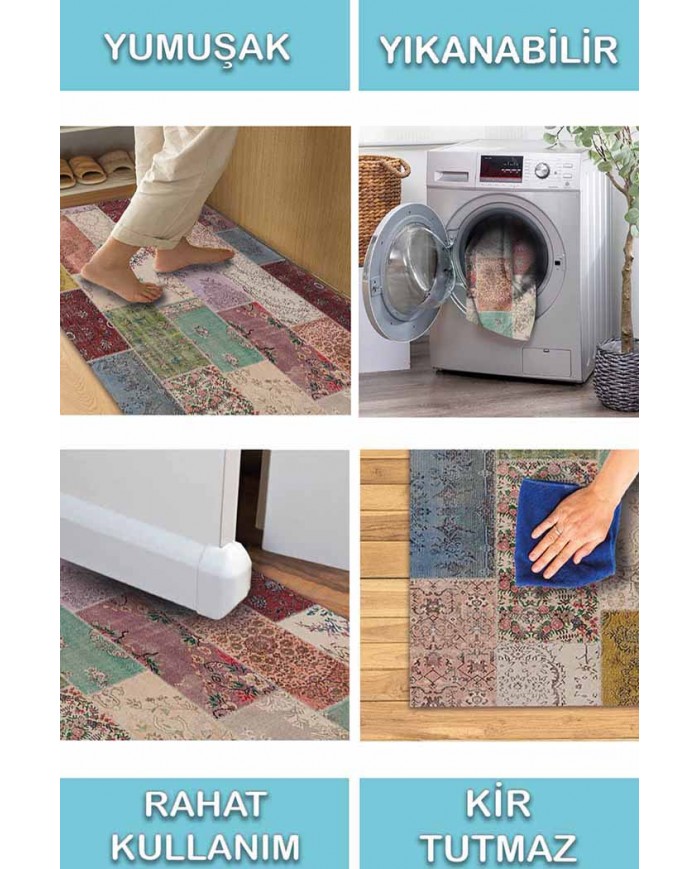 Afra Patchwork Desenli Pamuk Tabanlı Yıkanabilen Kaydırmaz Antibakteriyel Şönil Salon Halısı